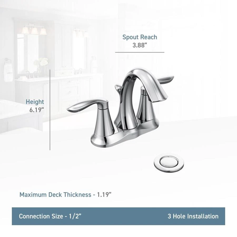 Moen Eva Brushed Nickel 2-handle 4-in Centerset WaterSense Bathroom Sink Faucet With Drain 5 Moen Eva Brushed Nickel 2-handle 4-in Centerset WaterSense Bathroom Sink Faucet With Drain - Image 3