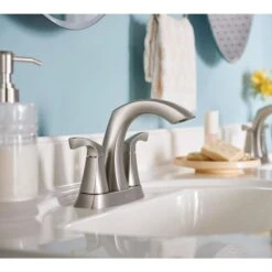 Moen Lindor Spot Resist Brushed Nickel 2-handle 4-in Centerset WaterSense Bathroom Sink Faucet With Drain -Alliee Bath And Faucet Shop 026508282717 09256823 1800x1800