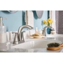 Moen Lindor Spot Resist Brushed Nickel 2-handle 4-in Centerset WaterSense Bathroom Sink Faucet With Drain -Alliee Bath And Faucet Shop 026508282717 16723775 1800x1800