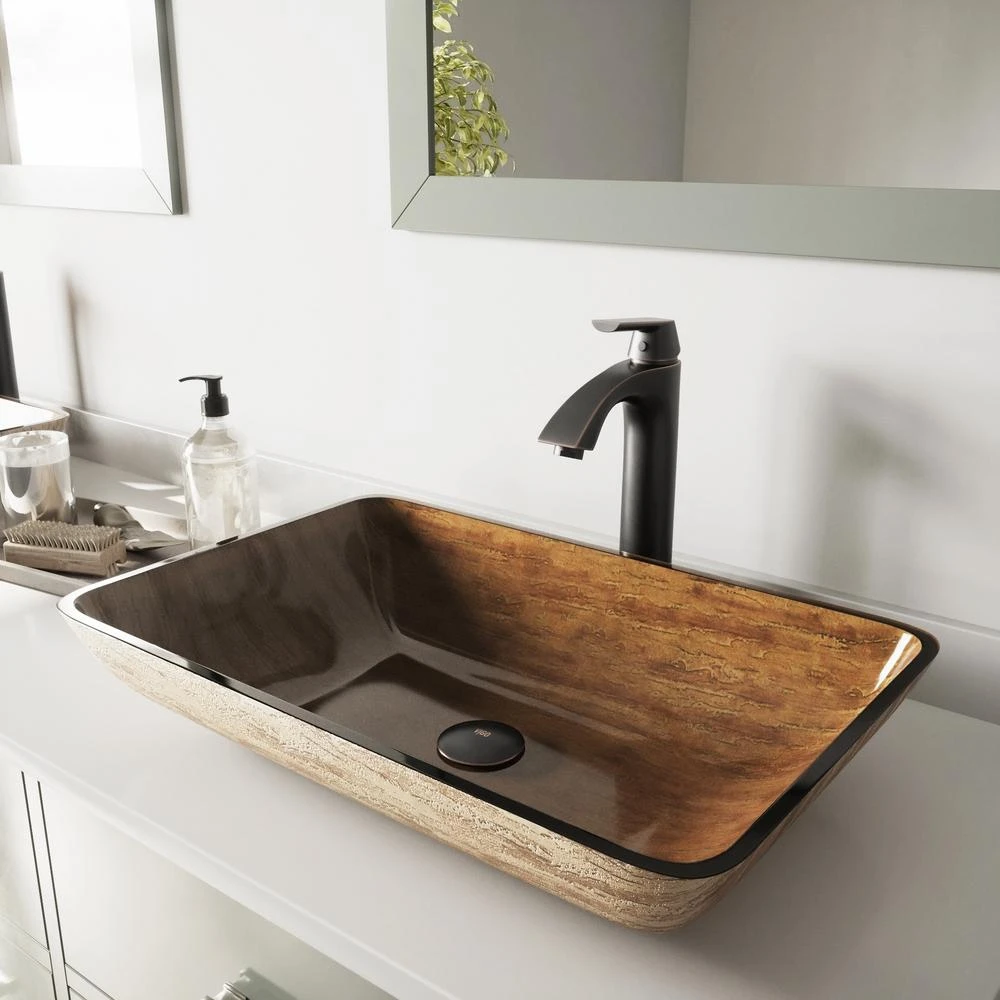 VIGO Glass Vessel Bathroom Sink In Amber Sunset And Linus Faucet Set In Antique Rubbed Bronze 3 VIGO Glass Vessel Bathroom Sink In Amber Sunset And Linus Faucet Set In Antique Rubbed Bronze