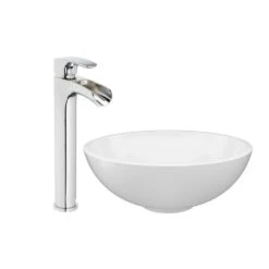 JACUZZI 16.5 In. Solid Surface Vessel Bathroom Sink Bowl In White Gloss With Vessel Filler Faucet And Pop Drain Included