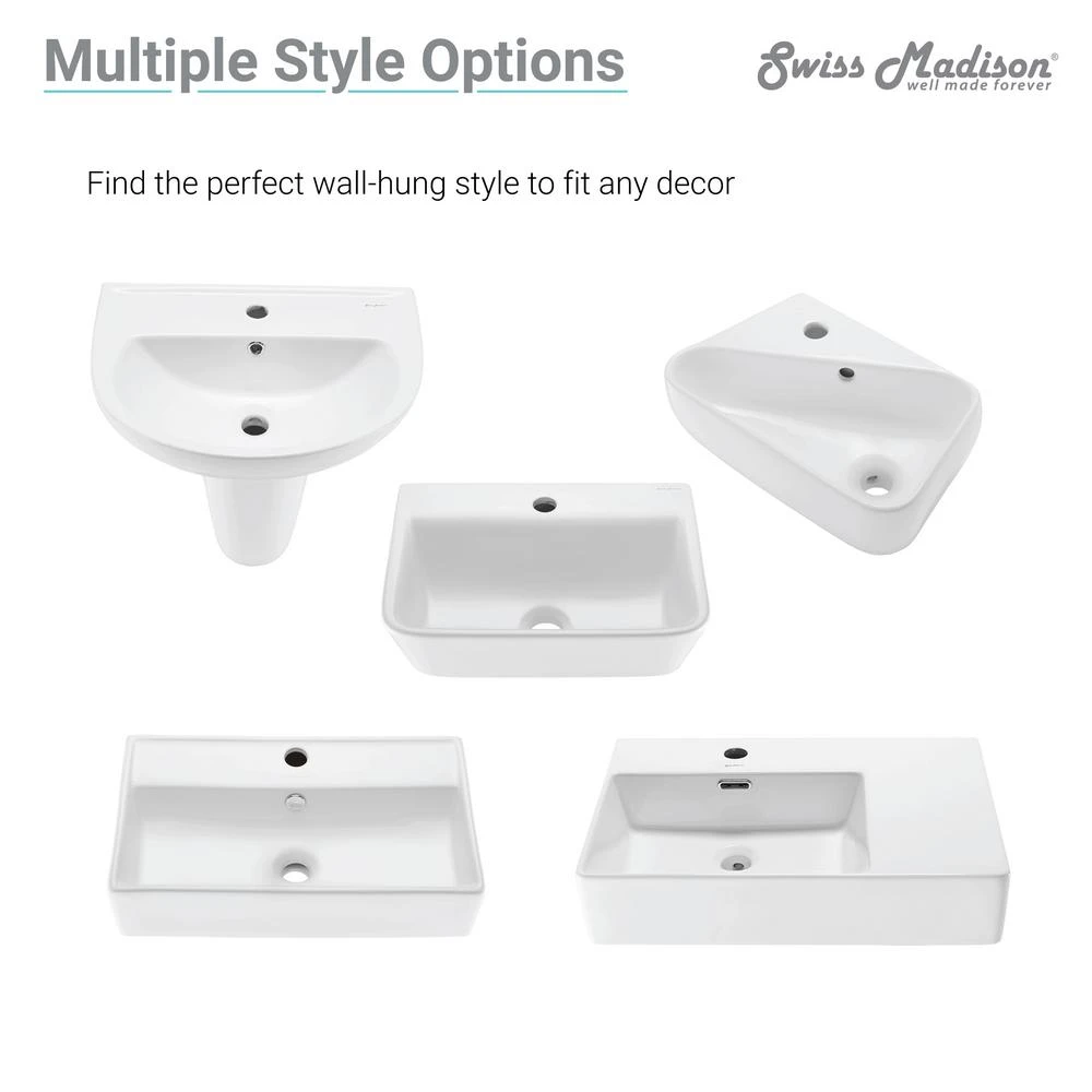 Swiss Madison Plaisir 18 In. X 11 In. Ceramic Wall Hung Vessel Sink With Right Side Faucet Mount In White 7 Swiss Madison Plaisir 18 In. X 11 In. Ceramic Wall Hung Vessel Sink With Right Side Faucet Mount In White - Image 5