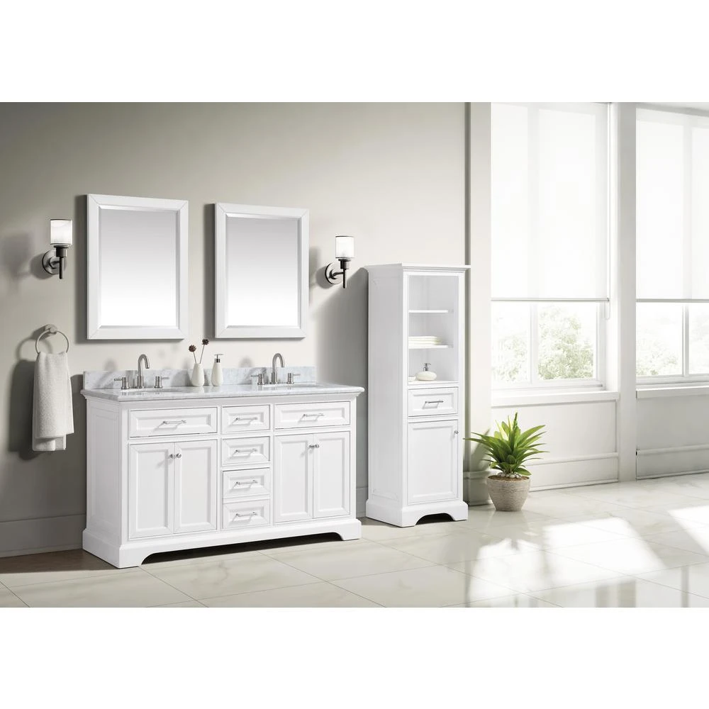 Windlowe 61 In. W X 22 In. D X 35 In. H Bath Vanity In White With Carrera Marble Vanity Top In White With White Sink 4 Windlowe 61 In. W X 22 In. D X 35 In. H Bath Vanity In White With Carrera Marble Vanity Top In White With White Sink - Image 2
