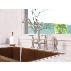 Courant Two Handle Bridge Kitchen Faucet With Side Spray In Stainless Steel -Alliee Bath And Faucet Shop 52bc5f7b81e381246de5c92b9e39d6f9 1800x1800