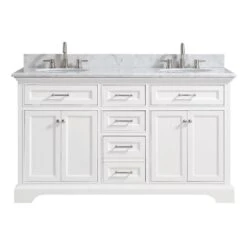 Windlowe 61 In. W X 22 In. D X 35 In. H Bath Vanity In White With Carrera Marble Vanity Top In White With White Sink