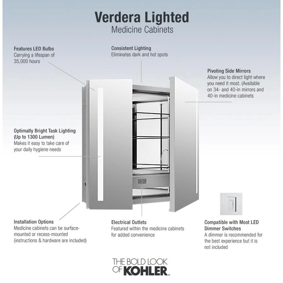 KOHLER Verdera 34-in X 30-in Rectangle Surface/Recessed Mirrored Medicine Cabinet With Outlet And Lights 3 KOHLER Verdera 34-in X 30-in Rectangle Surface/Recessed Mirrored Medicine Cabinet With Outlet And Lights