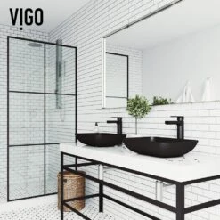 VIGO Sottile Glass Vessel Bathroom Sink In Black With Amada Faucet In Matte Black -Alliee Bath And Faucet Shop ba78dc0d20b0ebd0a881d6fa5ab46294 1800x1800