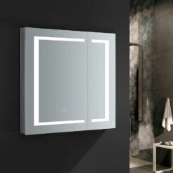 Spazio 30 In. W X 30 In. H Recessed Or Surface Mount Medicine Cabinet With LED Lighting And Mirror Defogger -Alliee Bath And Faucet Shop cf2e0567f7e18c67cbd2da9ff8fc4171 1800x1800