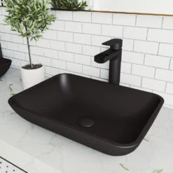 VIGO Sottile Glass Vessel Bathroom Sink In Black With Amada Faucet In Matte Black