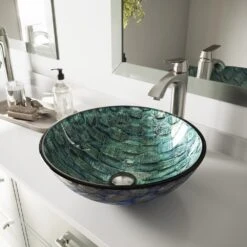 VIGO Oceania Handmade Glass Round Vessel Bathroom Sink In Patterned Teal -Alliee Bath And Faucet Shop d90b07df74a9fa4f00f9f2450ea903f9 1800x1800